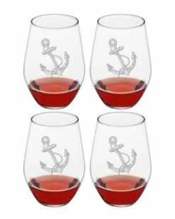 Susquehanna Glass Set Of 4 Vintage Anchor Stemless Wine Glasses Home Bar Carts & Accessories