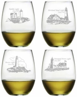 Susquehanna Glass Set Of 4 New England Lighthouse Collection Stemless Wine Glasses Home Bar Carts & Accessories