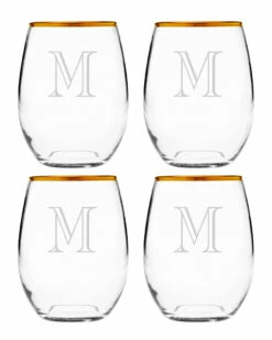 Susquehanna Glass Susquehanna Monogrammed Set Of Four 21oz Engraver Gold-Rimmed Stemless Glasses, (A-Z) Home Bar Carts & Accessories