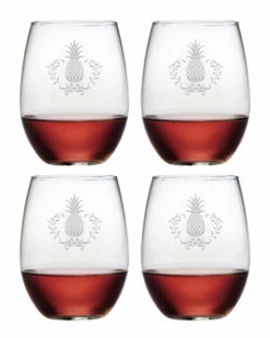 Susquehanna Glass Set Of Four 21oz Pineapple Wreath Stemless Glasses Home Bar Carts & Accessories