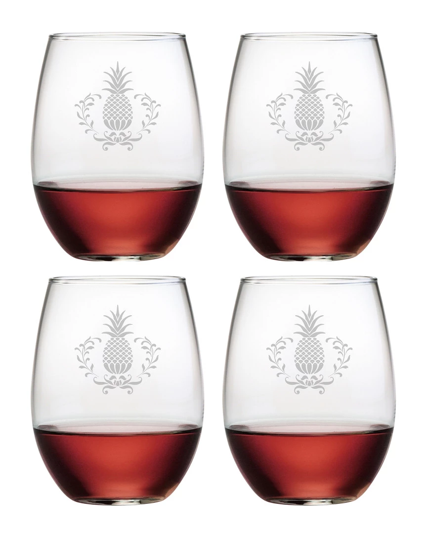 Susquehanna Glass Set Of Four 21oz Pineapple Wreath Stemless Glasses Home Bar Carts & Accessories