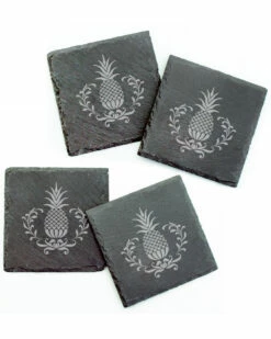 Susquehanna Glass Set Of 4 Pineapple Wreath Square Slate Coasters Home Bar Carts & Accessories