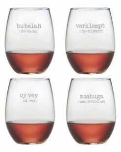 Susquehanna Glass Set Of Four Jewish Words 21oz Stemless Wine Glasses Home Bar Carts & Accessories