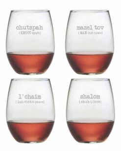 Susquehanna Glass Set Of Four Jewish Words 21oz Stemless Wine Glasses Home Drinkware