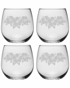 Susquehanna Glass Set Of 4 Hibiscus Stemless Wine Glasses Home Bar Carts & Accessories
