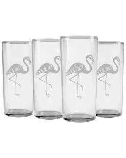 Susquehanna Glass Set Of 4 Flamingo Slim Hiball Glasses Home Bar Carts & Accessories