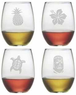 Susquehanna Glass Set Of 4 Hawaiian Icons Assortment Stemless Wine Glasses Home Bar Carts & Accessories