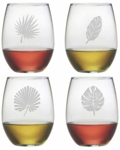 Susquehanna Glass Set Of 4 Tropical Foliage Assortment Stemless Wine Glasses Home Bar Carts & Accessories
