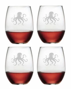 Susquehanna Glass Set Of Four Octopus 21oz Stemless Wine Glasses Home Bar Carts & Accessories