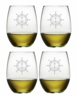 Susquehanna Glass Set Of Four Wheel & Anchor 21oz Stemless Wine Glasses Home Bar Carts & Accessories