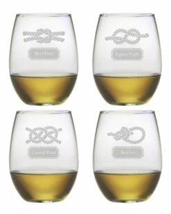 Susquehanna Glass "Nautical Knots" Set Of 4 Stemless Glasses Home Bar Carts & Accessories