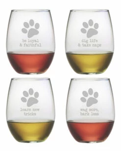 Susquehanna Glass Set Of 4 Dog Wisdom Assortment Stemless Wine Tumblers Home Pet Supplies