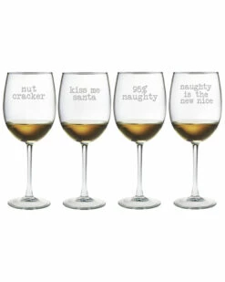 Susquehanna Glass Set Of Four Naughty Christmas 19oz Wine Glasses Home Drinkware
