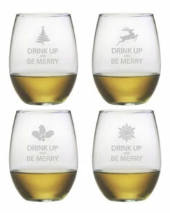 Susquehanna Glass Set Of Four "Drink Up & Be Merry" 21oz Stemless Home Drinkware