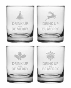 Susquehanna Glass Set Of Four "Drink Up & Be Merry" 14oz Rocks Glasses Home Bar Carts & Accessories