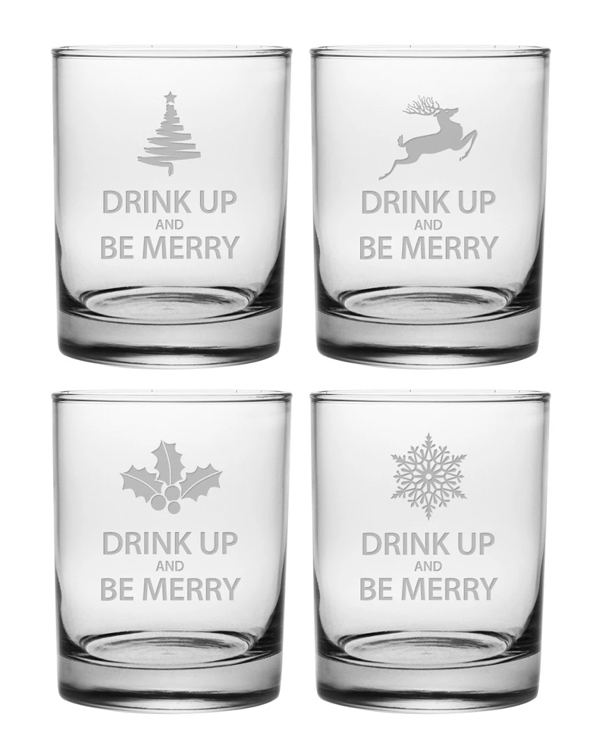 Susquehanna Glass Set Of Four "Drink Up & Be Merry" 14oz Rocks Glasses Home Bar Carts & Accessories