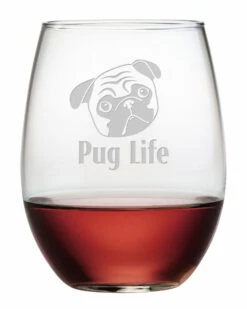 Susquehanna Glass Pug Life Set Of Four 21oz Stemless Wine Glasses Home Bar Carts & Accessories