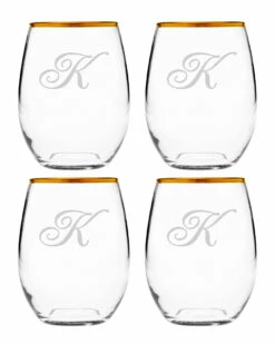 Susquehanna Glass Susquehanna Monogrammed Set Of Four 21oz Champlain Gold-Rimmed Stemless Glasses, (A-Z) Home Bar Carts & Accessories