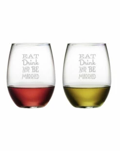 Susquehanna Glass "Eat Drink Be Married" Set Of Two 21oz Stemless Wine Glasses Home Bar Carts & Accessories