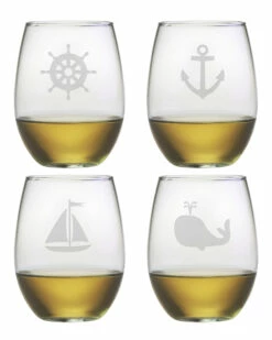 Susquehanna Glass Set Of Four Nautical Icons 21oz Stemless Wine Glasses Home Bar Carts & Accessories