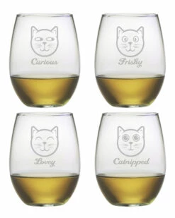 Susquehanna Glass Set Of 4 Feline Faces Assortment Stemless Wine Tumblers Home Bar Carts & Accessories