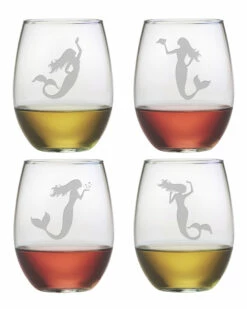 Susquehanna Glass Set Of 4 Mermaid Assortment Stemless Wine Home Bar Carts & Accessories