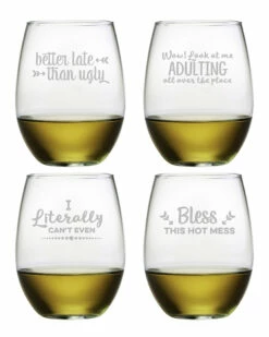 Susquehanna Glass Set Of 4 Boozily Honest Stemless Wine Home Bar Carts & Accessories
