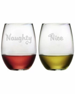 Susquehanna Glass Naughty & Nice Set Of Two 21oz Stemless Wine Glasses Home Bar Carts & Accessories