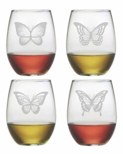 Susquehanna Glass Set Of Four 21oz Butterfly Assortment Stemless Glasses Home Bar Carts & Accessories
