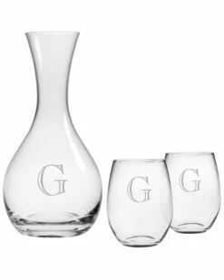 Susquehanna Glass Monogrammed 3pc Engraver Carafe And Stemless Set, (A-Z) Home Bar Carts & Accessories