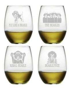 Susquehanna Glass Set Of 4 The Beagles Assortment Stemless Wine Tumblers Home Games & Giftables