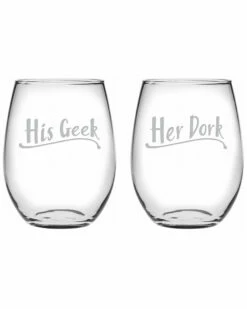 Susquehanna Glass Set Of 2 His Geek & Her Dork Stemless Wine Glasses Home Drinkware