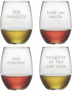 Susquehanna Glass Naughty Christmas Set Of 4 Stemless Wine Glasses 21oz Home Drinkware