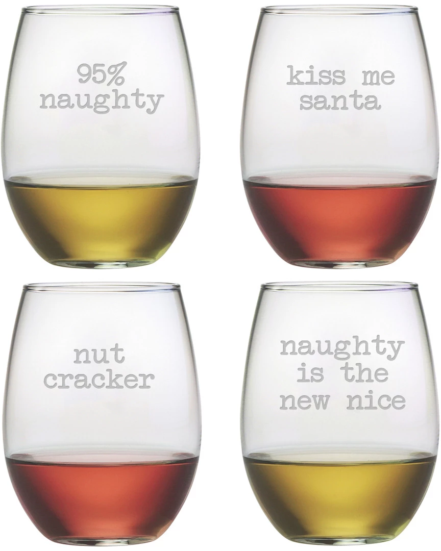 Susquehanna Glass Naughty Christmas Set Of 4 Stemless Wine Glasses 21oz Home Drinkware