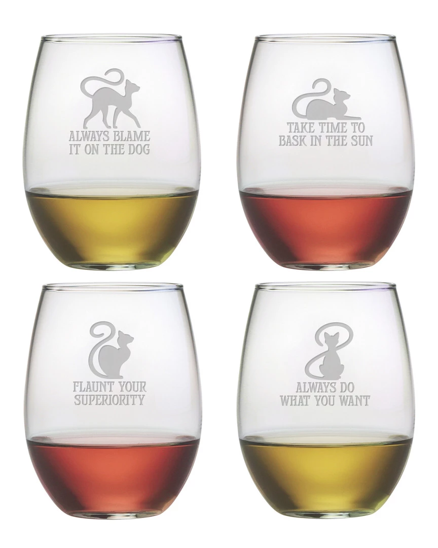 Susquehanna Glass Cat Philosophy Set Of 4 21oz Stemless Wine Glasses Home Pet Supplies