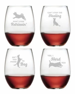 Susquehanna Glass Set Of 4 Clever Canines Assortment Stemless Wine Tumblers Home Bar Carts & Accessories
