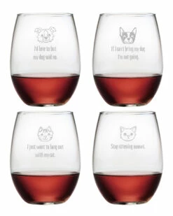 Susquehanna Glass Set Of 4 Cats & Dogs Assortment Stemless Wine Tumblers Home Pet Supplies