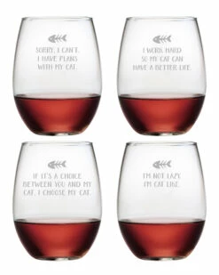 Susquehanna Glass Set Of 4 Cat Tales Assortment Stemless Wine Tumblers Home Pet Supplies