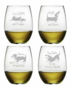 Susquehanna Glass Set Of 4 21oz Dachsund Assortment Stemless Wine Glasses Home Bar Carts & Accessories